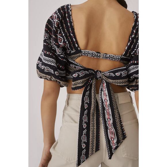 NEW Anthropologie Dolan Black and Pink Puff Sleeved Blouse - Small - Picture 2 of 13